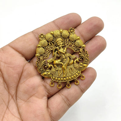 German Silver Lord Krishna Playing Flute Pendant – 50-51mm Golden Finish (Sold Per Piece)
