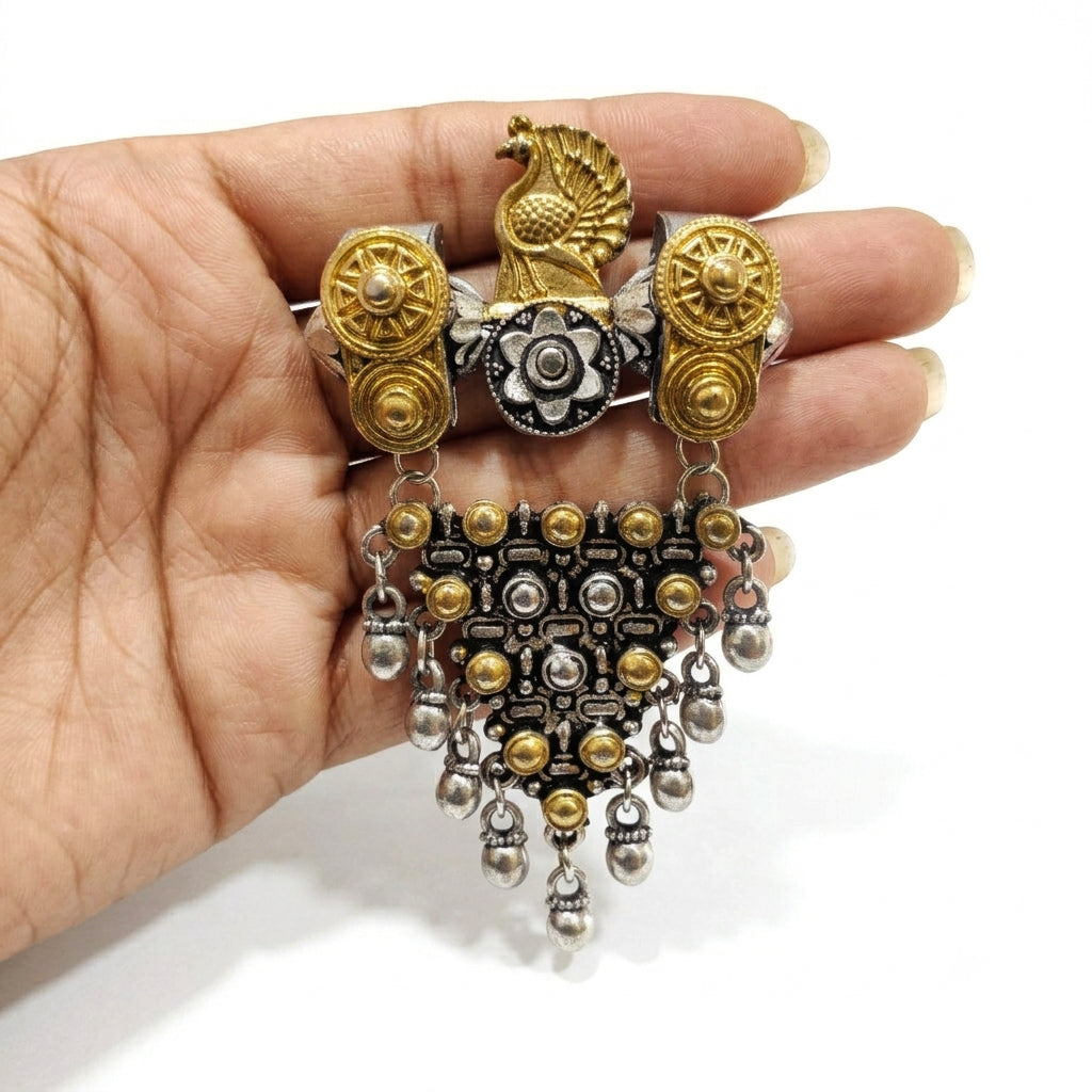 German Silver Peacock Design Pendant with Gold and Silver Tone Accents – 75mm (Sold Per Piece)