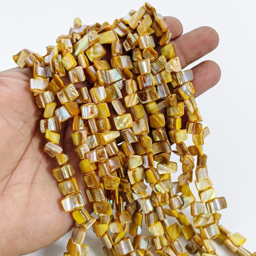 Natural Yellow Iridescent Shell Square Beads – Hand-Polished Mother of Pearl Jewelry Strands (7-11mm)