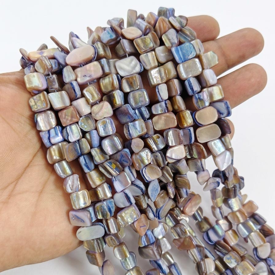 Natural Blue Iridescent Shell Square Beads – Hand-Polished Mother of Pearl Jewelry Strands (7-11mm)