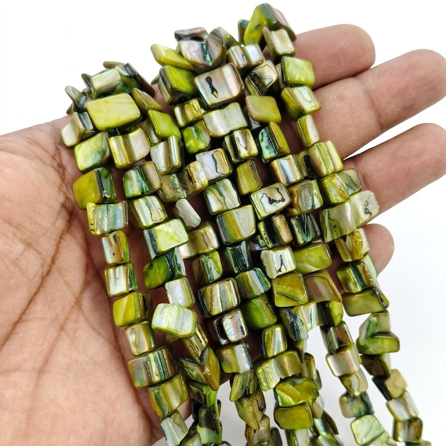 Vibrant Moss Green Iridescent Shell Square Beads – Hand-Polished Mother of Pearl Jewelry Strands (7-11mm)