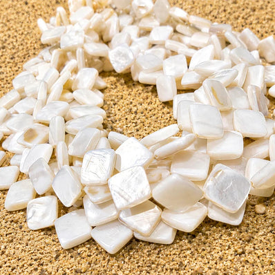10mm White Diamond Shape Mother of Pearl (MOP) Beads Strand | Natural Shell Rhombus Beads | Approx. 29 Beads Per String