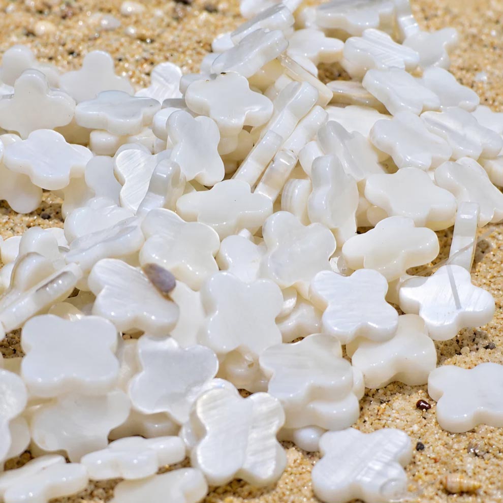12mm White Flower Mother of Pearl (MOP) Beads Strand | Natural Shell Clover Beads | Approx. 26 Beads Per String