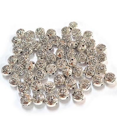 50pcs pack, Silver Plated Metal Beads – Antique Oxidized  bead for Jewelry Making, Size Approximately 7mm Round Rose Bud