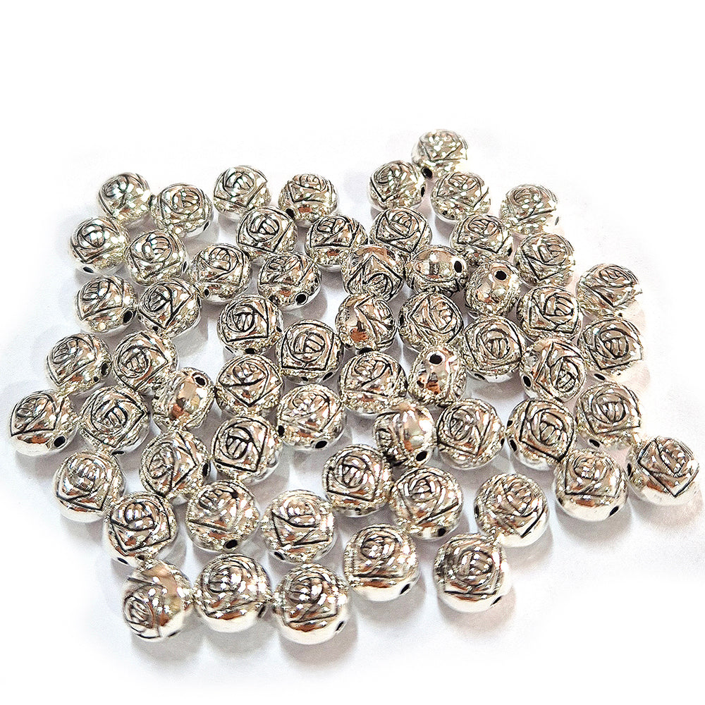 50pcs pack, Silver Plated Metal Beads – Antique Oxidized  bead for Jewelry Making, Size Approximately 7mm Round Rose Bud