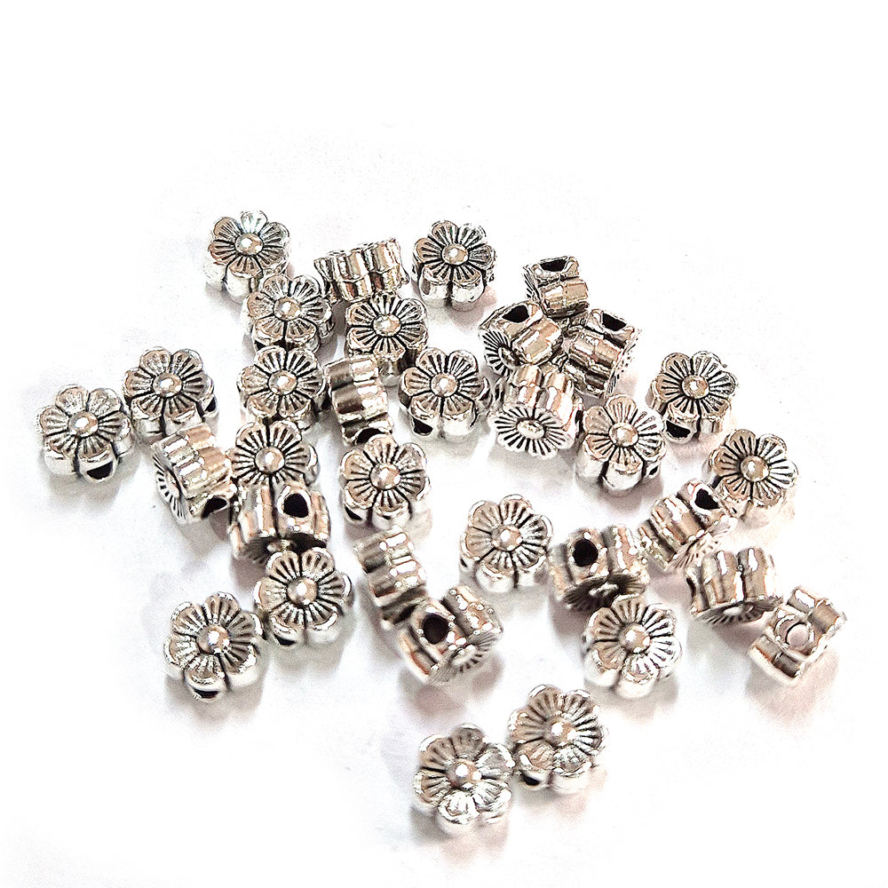 50pcs pack, Silver Plated Metal Beads – Antique Oxidized  bead for Jewelry Making, Size Approximately 5mm Flower