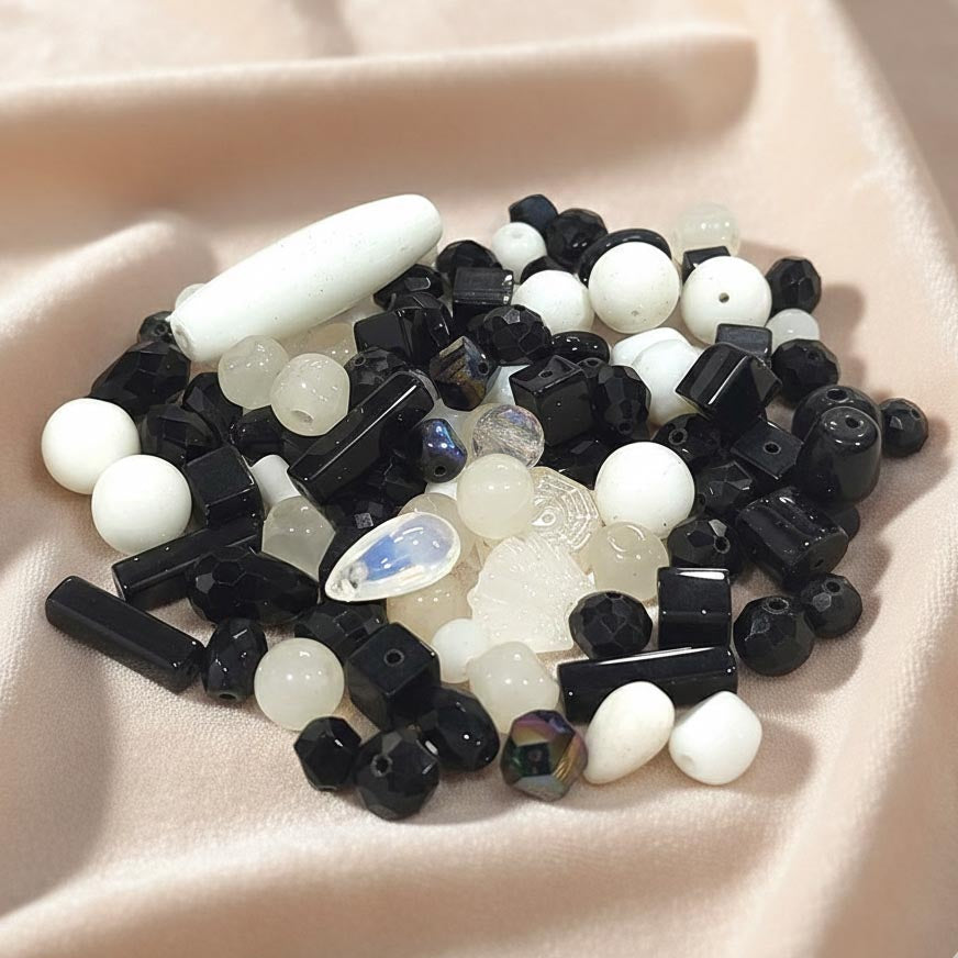 50 GRAMS PACK' MIX PACK OF BLACK AND WHITE MIX FANCY GLASS CRYSTAL BEADS