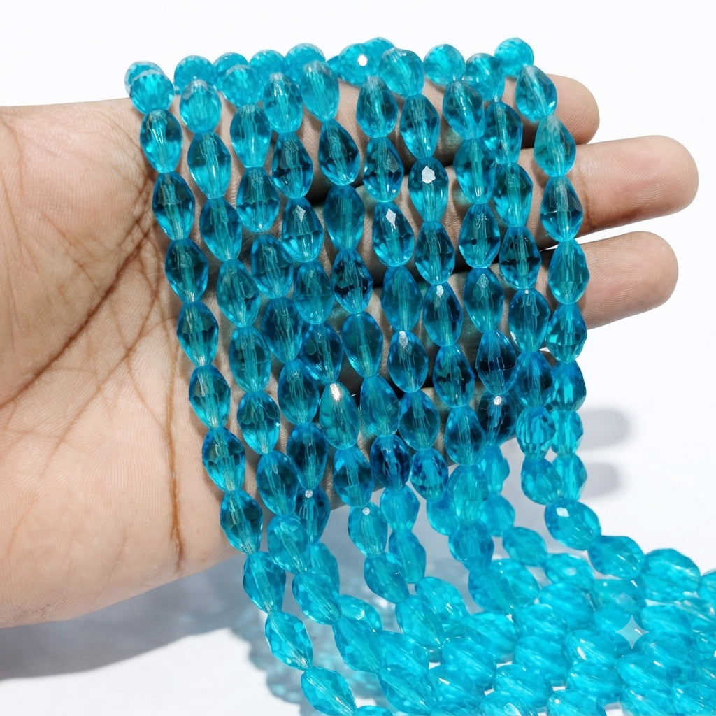 Aqua Blue Faceted Pear Drop Glass Crystal Beads - 12x8 mm, 44-45 Pieces Per Strand