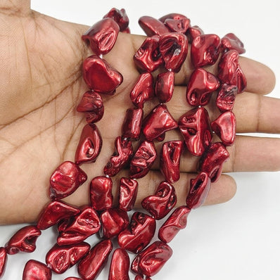 Metallic Crimson Red Shell Pearl Keshi Baroque Beads | 20-21mm Freeform Irregular Shell Pearls | 23-25 Beads Per Line for Jewelry Making