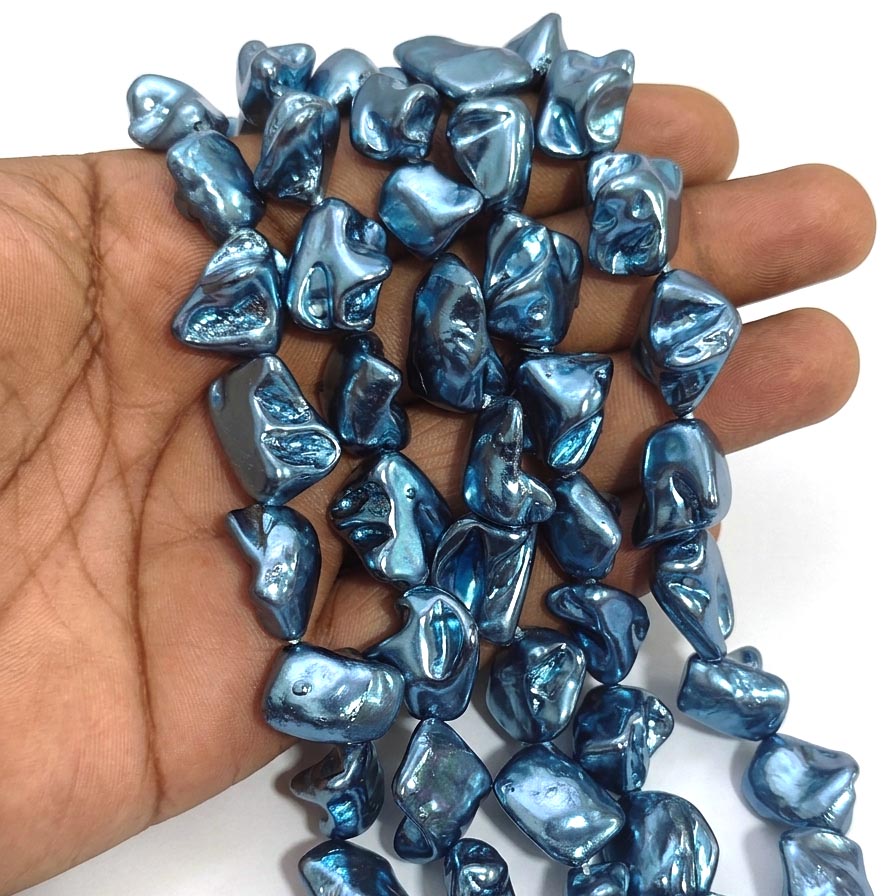 Metallic Ocean Blue Shell Pearl Keshi Baroque Beads | 20-21mm Freeform Irregular Shell Pearls | 23-25 Beads Per Line for Jewelry Making