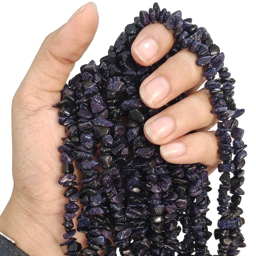 Natural Blue Goldstone Chips Beads Strands – 28 Inches Extra Long Line for Jewelry Making