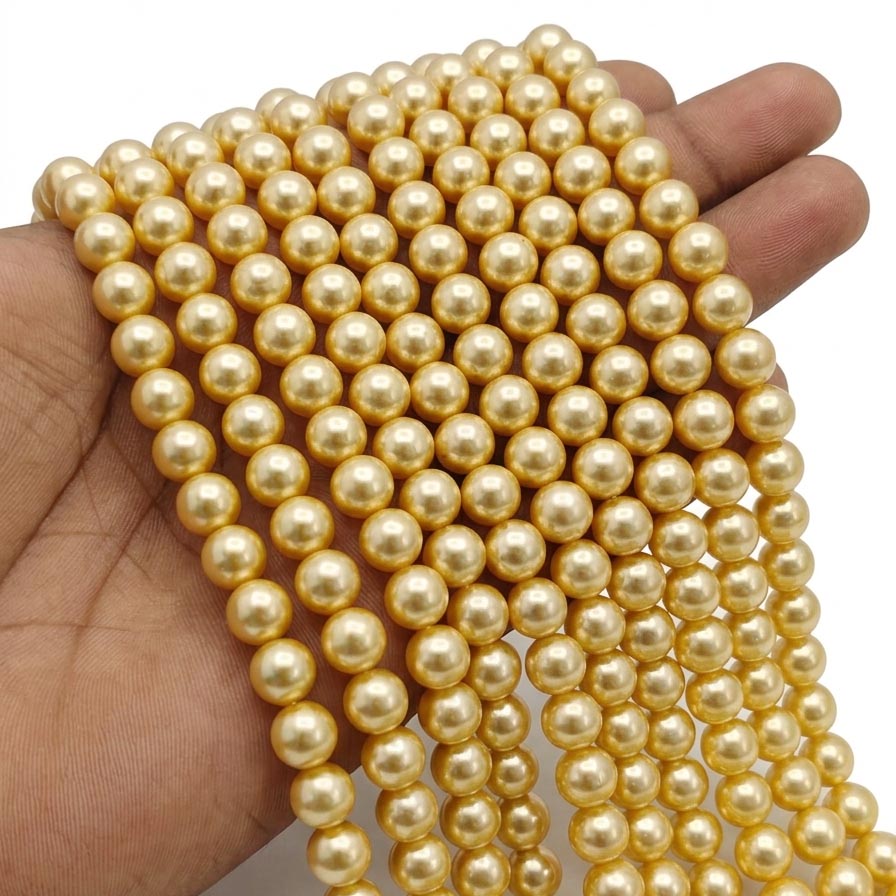 Premium Champagne Gold Round Shell Pearl Beads | 8mm Smooth Round Shell Pearls | 45-46 Beads Per Line for Jewelry Making