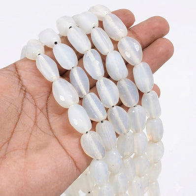 Milky White Smooth Barrel Indian Handmade Glass Beads – 14x21 mm, Per Line (17-18 Beads)