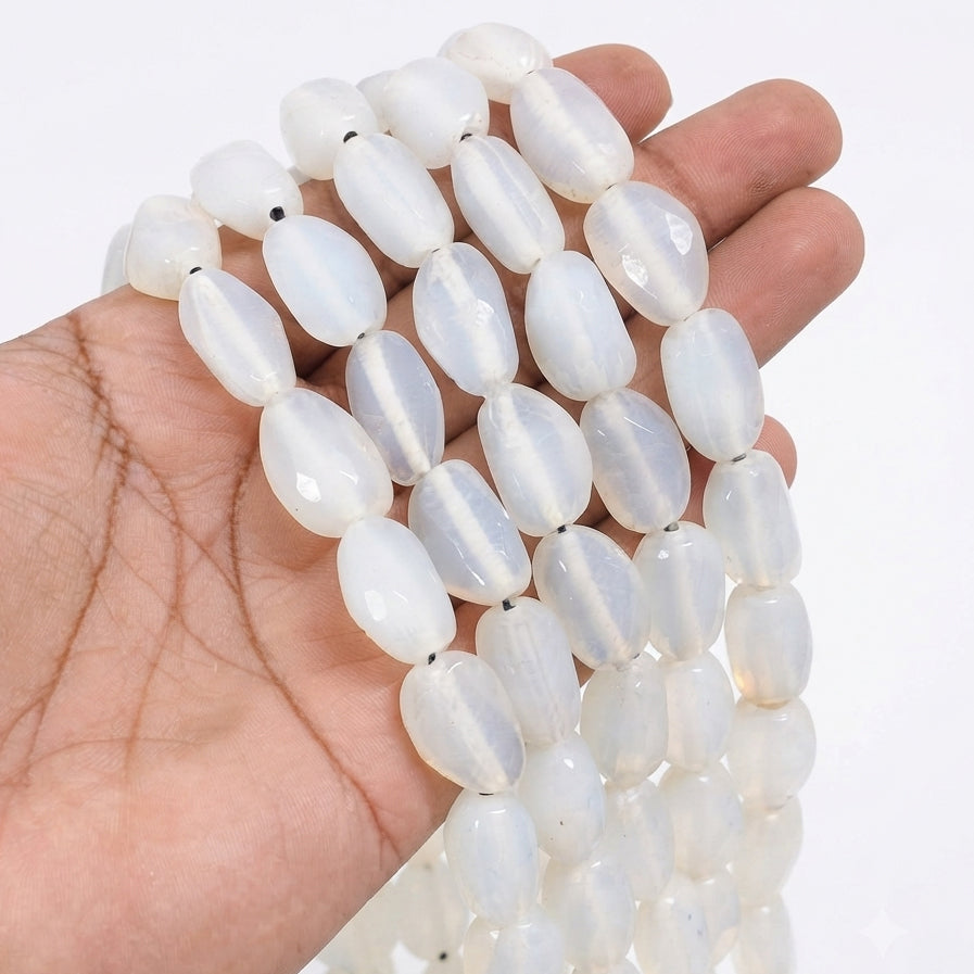 Milky White Smooth Barrel Indian Handmade Glass Beads – 14x21 mm, Per Line (17-18 Beads)