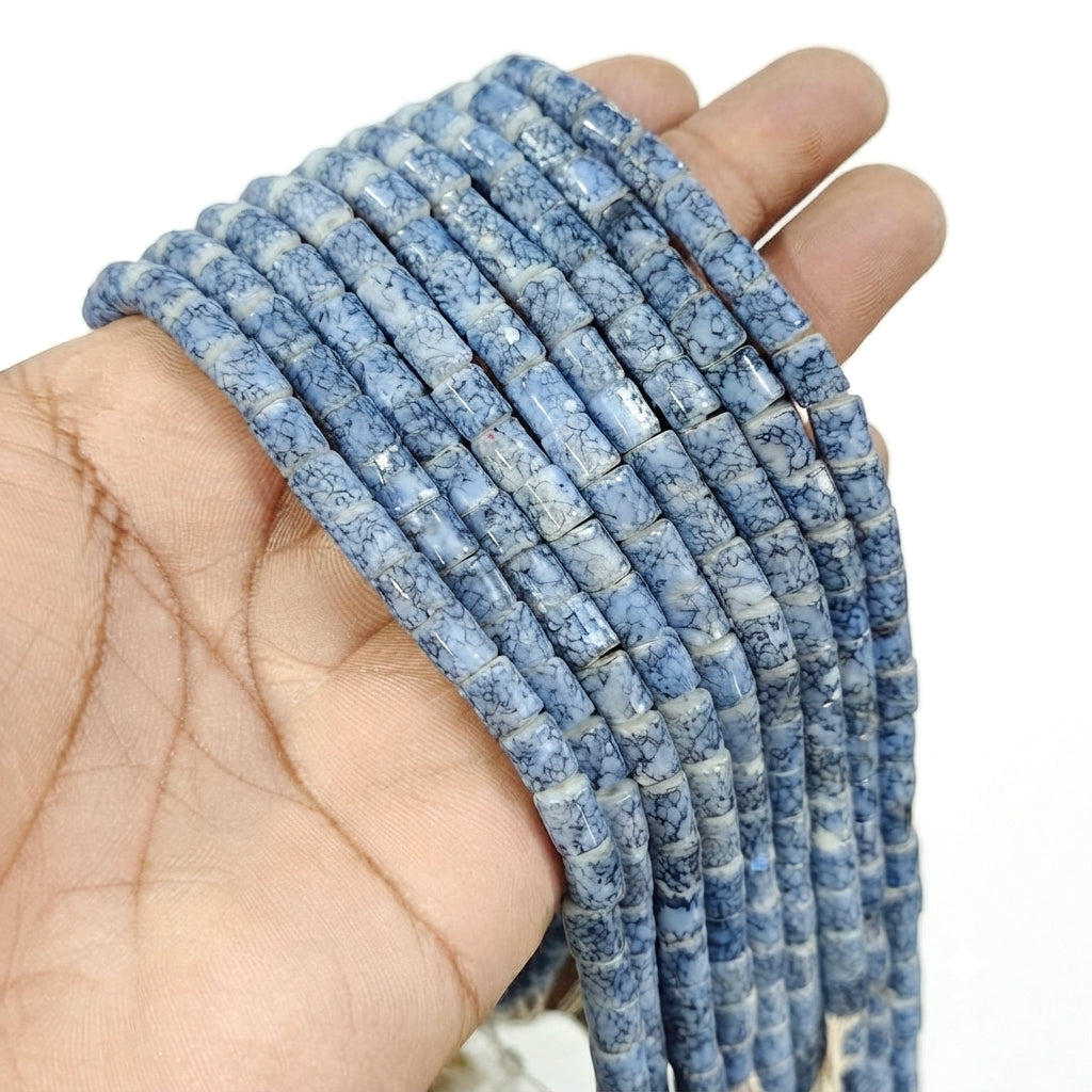 Blue Crackle Smooth Barrel Indian Handmade Glass Beads (Dyed) – 7x6 mm, Per Line (54-55 Beads)