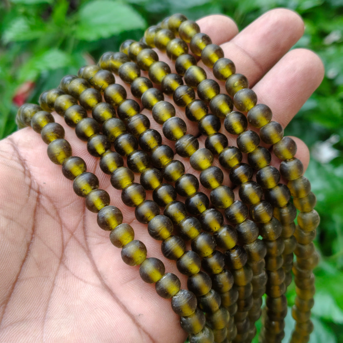 Indian Handmade 6-7mm Olive Green Glass Beads Strand (58-60 Pieces)