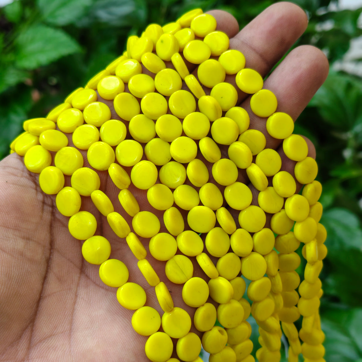 Indian Handmade 9 mm Bright Yellow Coin Glass Beads Strand (42-43 Pieces)