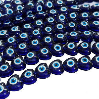 10 mm Blue Glass Evil Eye Heart Beads | 36–37 Beads Per String | Nazar Heart Beads for Jewelry Making