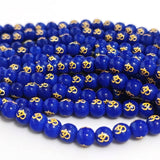 8mm Blue Hydro Glass Om Symbol Round Beads | 47–48 Beads Per String | Spiritual Glass Beads for Jewelry Making