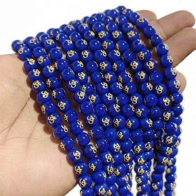 8mm Blue Hydro Glass Om Symbol Round Beads | 47–48 Beads Per String | Spiritual Glass Beads for Jewelry Making