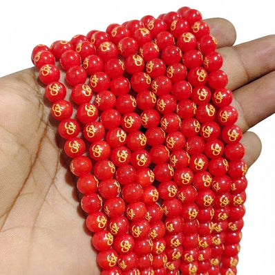 8mm Red Hydro Glass Om Symbol Round Beads | 47–48 Beads Per String | Spiritual Glass Beads for Jewelry Making