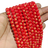 8mm Red Hydro Glass Om Symbol Round Beads | 47–48 Beads Per String | Spiritual Glass Beads for Jewelry Making