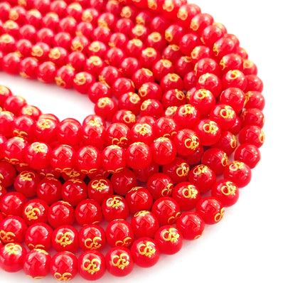 8mm Red Hydro Glass Om Symbol Round Beads | 47–48 Beads Per String | Spiritual Glass Beads for Jewelry Making