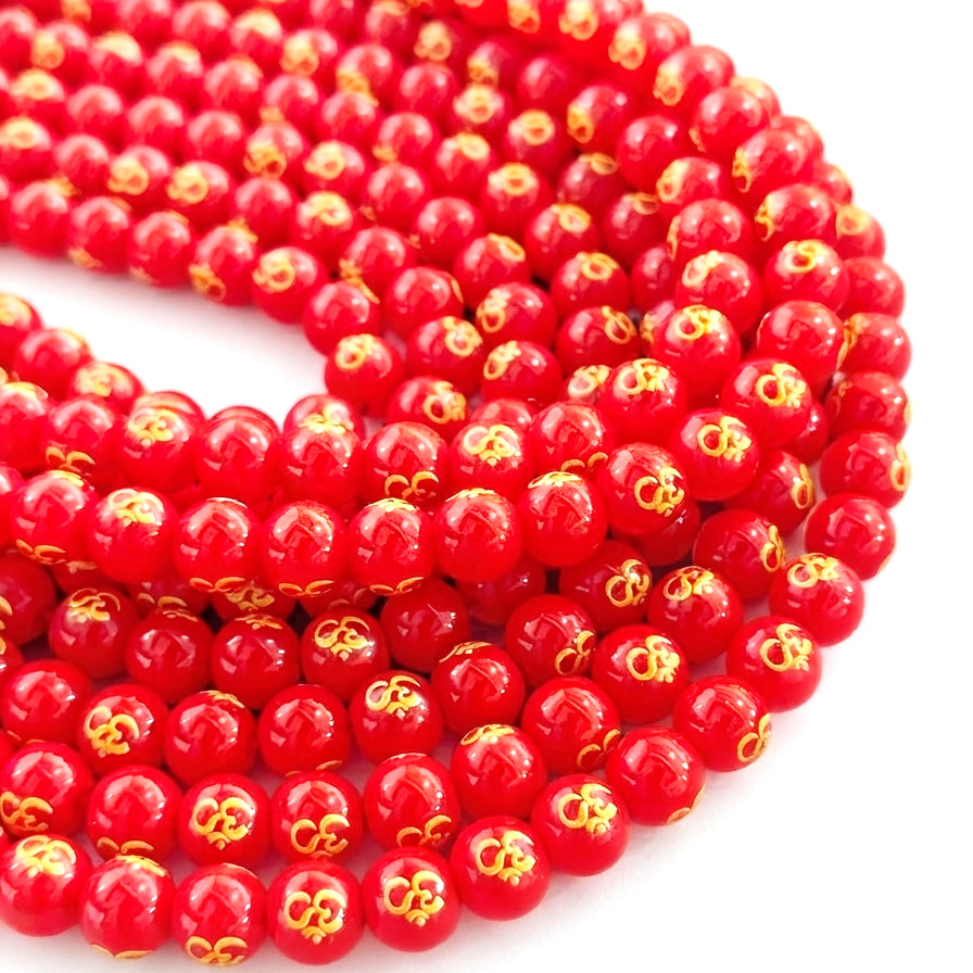 8mm Red Hydro Glass Om Symbol Round Beads | 47–48 Beads Per String | Spiritual Glass Beads for Jewelry Making