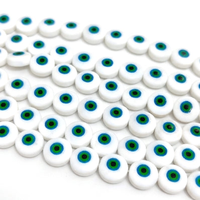 10mm Glass Evil Eye Round Coin Beads | 36–37 Beads Per String | White Nazar Protection Beads for Jewelry Making