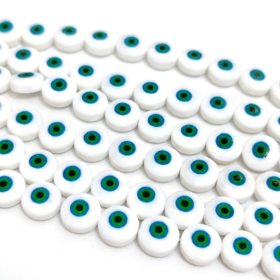 10mm Glass Evil Eye Round Coin Beads | 36–37 Beads Per String | White Nazar Protection Beads for Jewelry Making