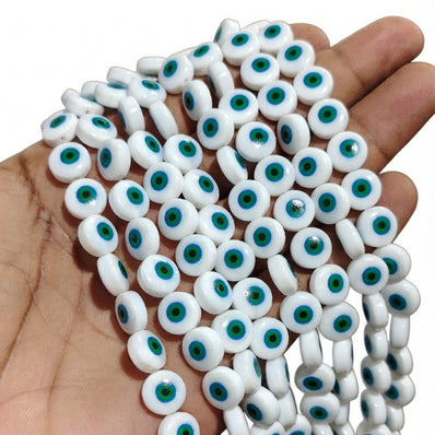 10mm Glass Evil Eye Round Coin Beads | 36–37 Beads Per String | White Nazar Protection Beads for Jewelry Making
