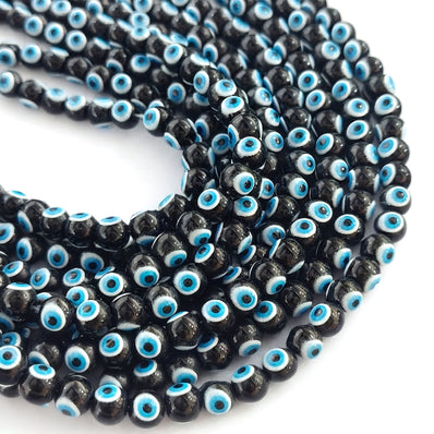 8mm Glass Evil Eye Round Beads | Black Nazar Protection Beads | 45–46 Beads Per String for Jewelry Making