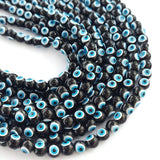 8mm Glass Evil Eye Round Beads | Black Nazar Protection Beads | 45–46 Beads Per String for Jewelry Making