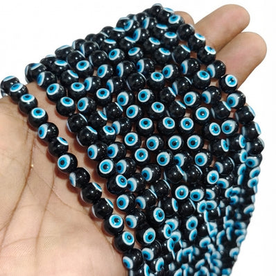 8mm Glass Evil Eye Round Beads | Black Nazar Protection Beads | 45–46 Beads Per String for Jewelry Making