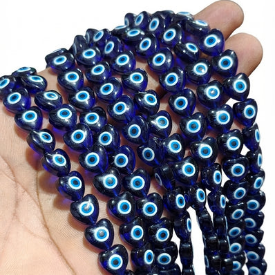 10 mm Blue Glass Evil Eye Heart Beads | 36–37 Beads Per String | Nazar Heart Beads for Jewelry Making
