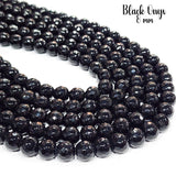 BLACK ONYX' 8 MM ROUND BEADS FACETED' 44-46 BEADS APPROX SOLD BY PER LINE PACK