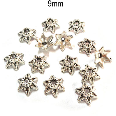 50pcs pack, Silver Plated Metal Bead Caps – Antique Oxidized Flower & Star Design Spacer Caps for Jewelry Making, Size Approximately 9mm