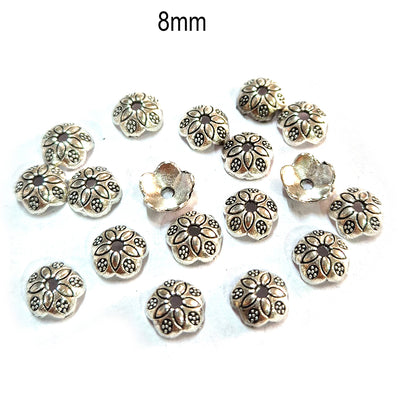 50pcs pack, Silver Plated Metal Bead Caps – Antique Oxidized Flower & Star Design Spacer Caps for Jewelry Making, Size Approximately 8mm