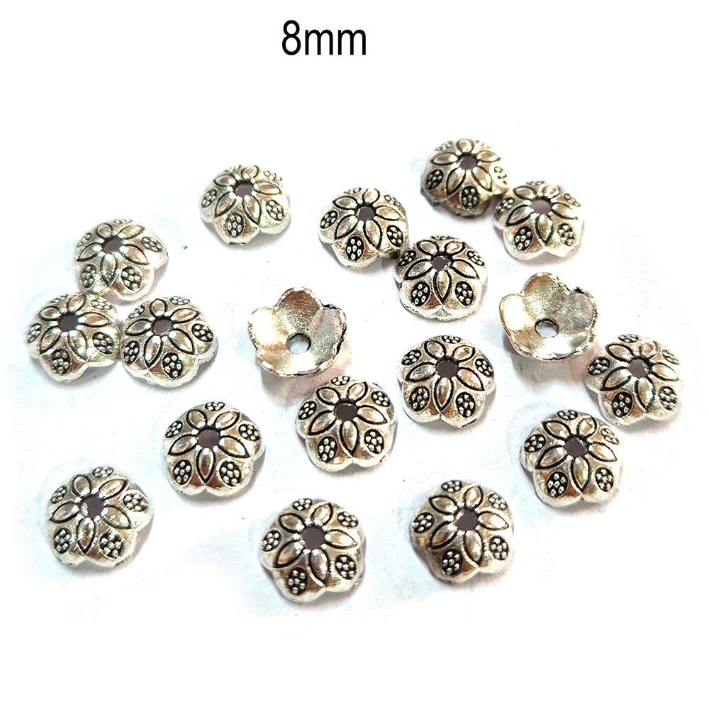 50pcs pack, Silver Plated Metal Bead Caps – Antique Oxidized Flower & Star Design Spacer Caps for Jewelry Making, Size Approximately 8mm