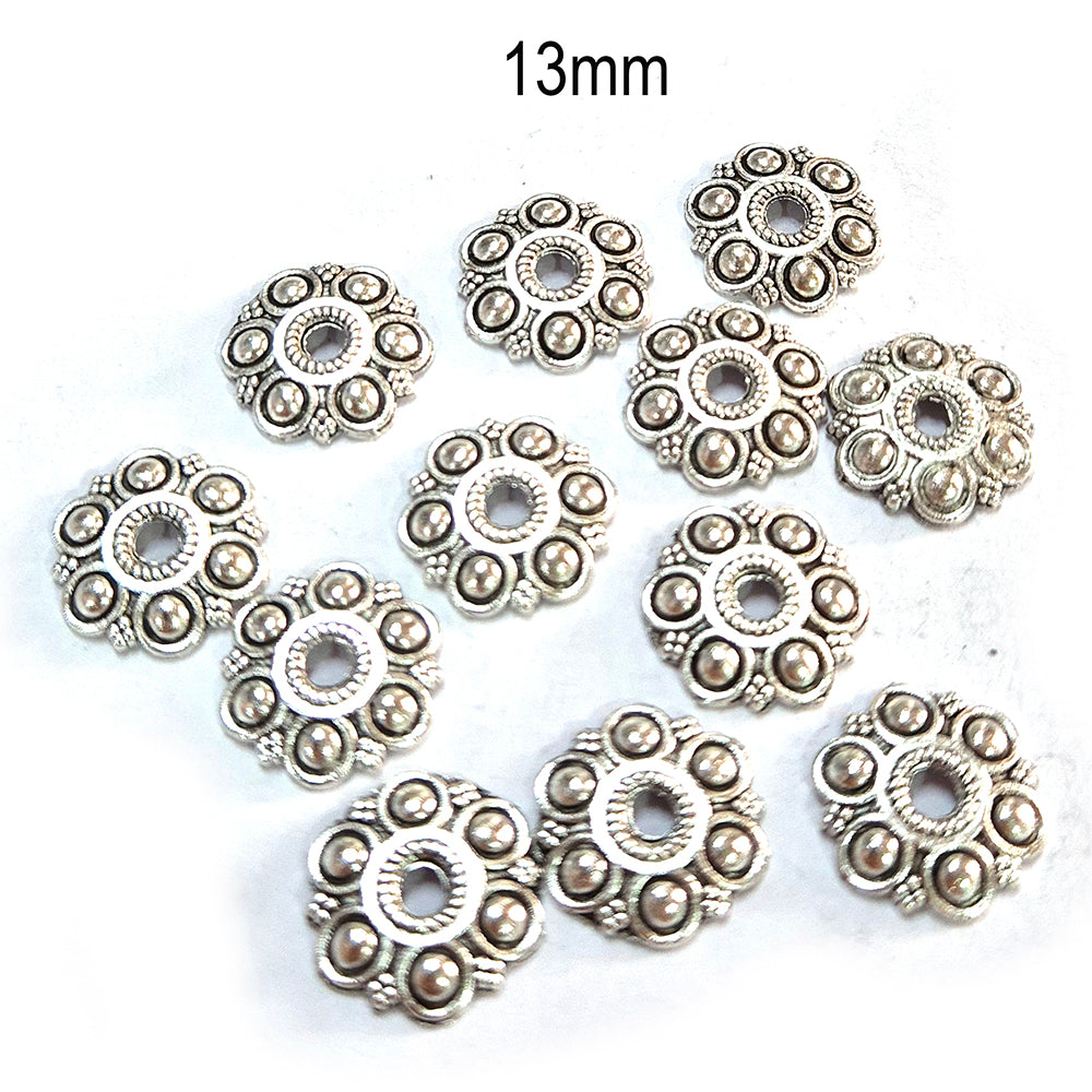 50pcs pack, Silver Plated Metal Bead Caps – Antique Oxidized Flower & Star Design Spacer Caps for Jewelry Making, Size Approximately 13mm