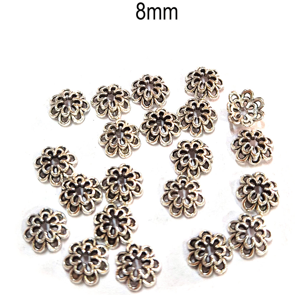 50pcs pack, Silver Plated Metal Bead Caps – Antique Oxidized Flower & Star Design Spacer Caps for Jewelry Making, Size Approximately 8mm