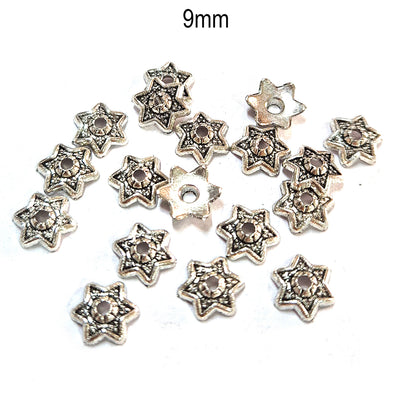 50pcs pack, Silver Plated Metal Bead Caps – Antique Oxidized Flower & Star Design Spacer Caps for Jewelry Making, Size Approximately 9mm