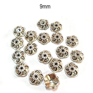 50pcs pack, Silver Plated Metal Bead Caps – Antique Oxidized Flower & Star Design Spacer Caps for Jewelry Making, Size Approximately 9mm