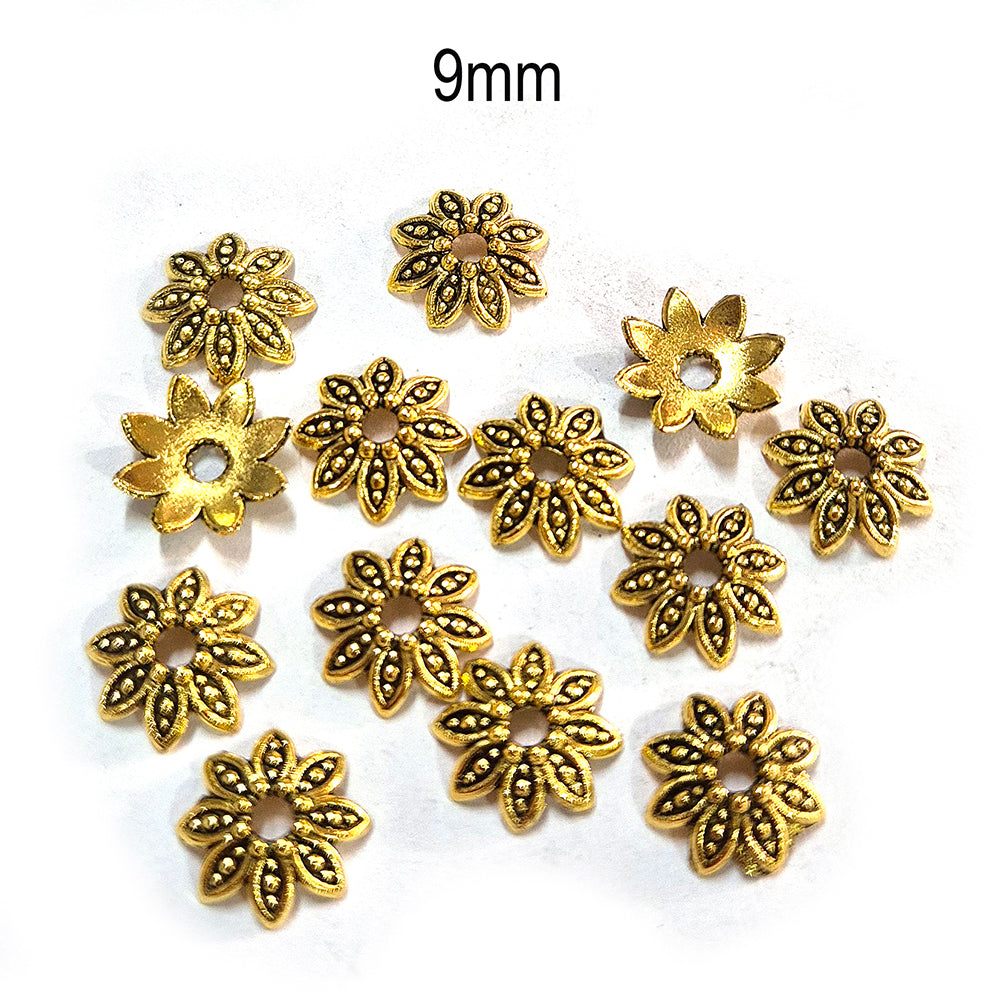 50pcs pack, Gold Plated Metal Bead Caps – Antique Oxidized Flower & Star Design Spacer Caps for Jewelry Making, Size Approximately 9mm