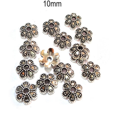 50pcs pack, Silver Plated Metal Bead Caps – Antique Oxidized Flower & Star Design Spacer Caps for Jewelry Making, Size Approximately 10mm
