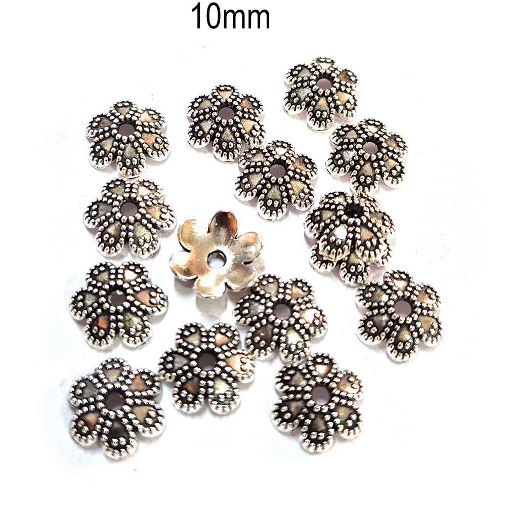 50pcs pack, Silver Plated Metal Bead Caps – Antique Oxidized Flower & Star Design Spacer Caps for Jewelry Making, Size Approximately 10mm