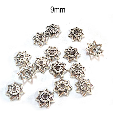 50pcs pack, Silver Plated Metal Bead Caps – Antique Oxidized Flower & Star Design Spacer Caps for Jewelry Making, Size Approximately 9mm