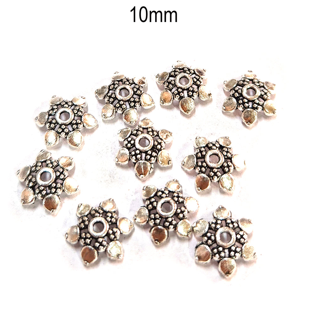 50pcs pack, Silver Plated Metal Bead Caps – Antique Oxidized Flower & Star Design Spacer Caps for Jewelry Making, Size Approximately 10mm
