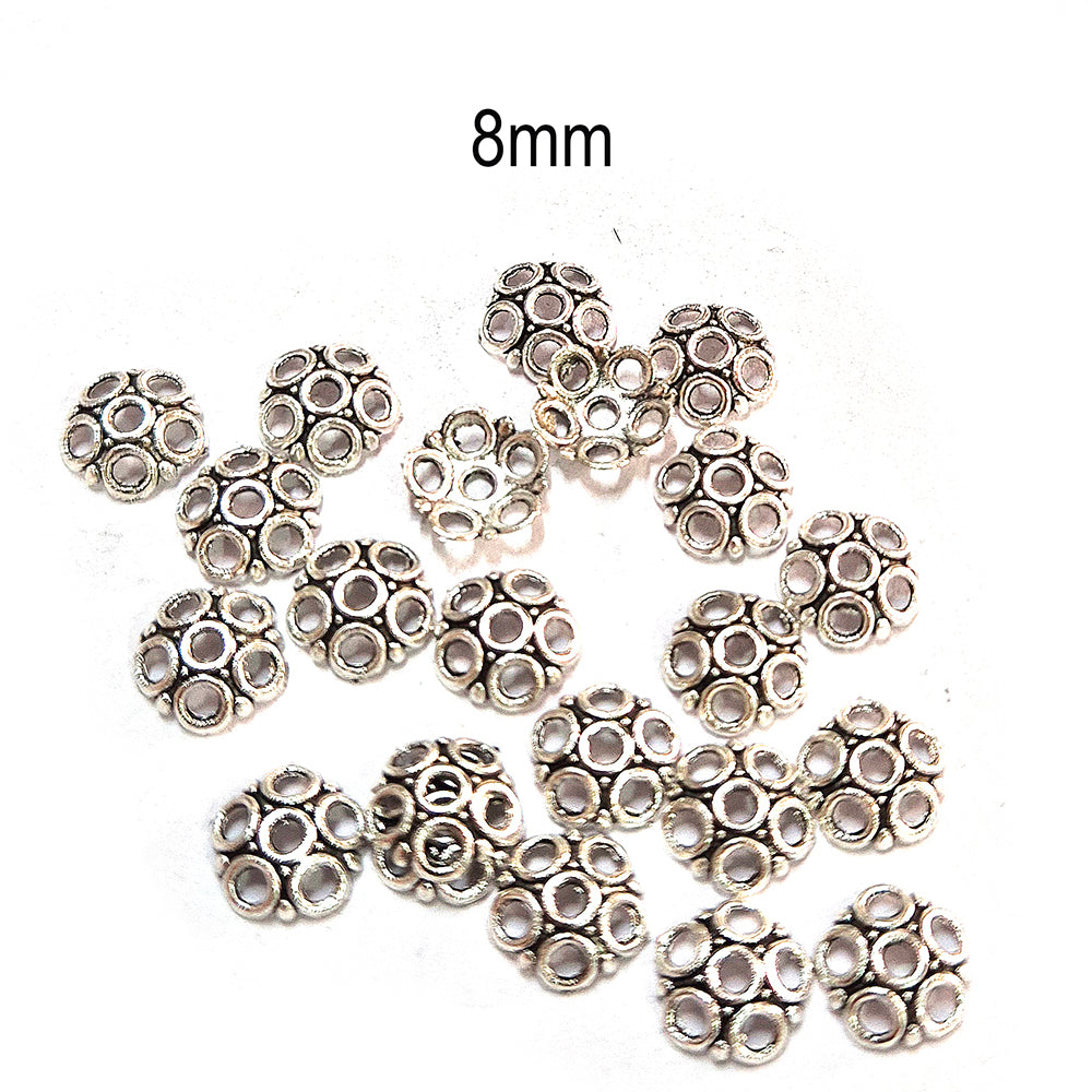 50pcs pack, Silver Plated Metal Bead Caps – Antique Oxidized Flower & Star Design Spacer Caps for Jewelry Making, Size Approximately 8mm