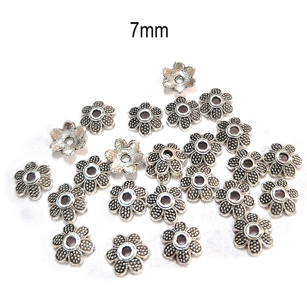 50pcs pack, Silver Plated Metal Bead Caps – Antique Oxidized Flower & Star Design Spacer Caps for Jewelry Making, Size Approximately 7mm